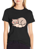 Cute Sleeping Cat Graphic Tee - Black