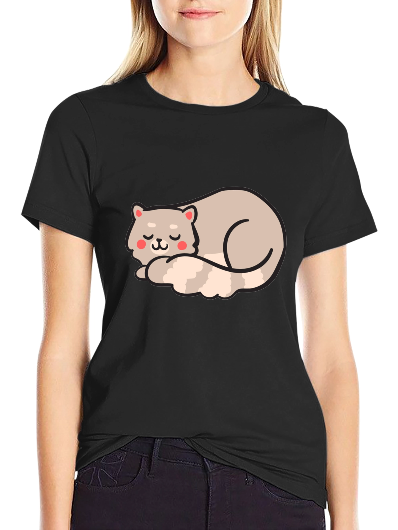 Cute Sleeping Cat Graphic Tee - Black