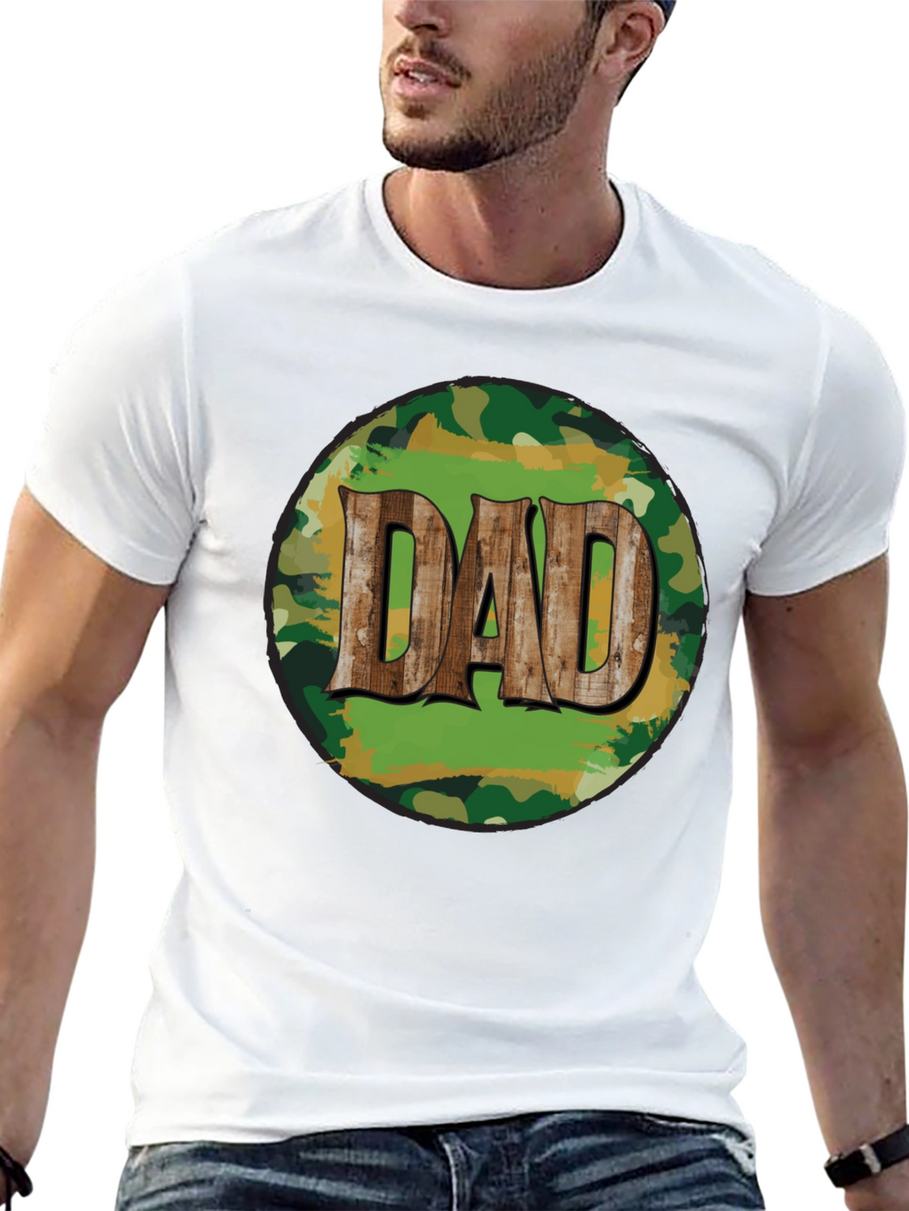 Camouflage Dad T-Shirt - Rustic Wood Lettering