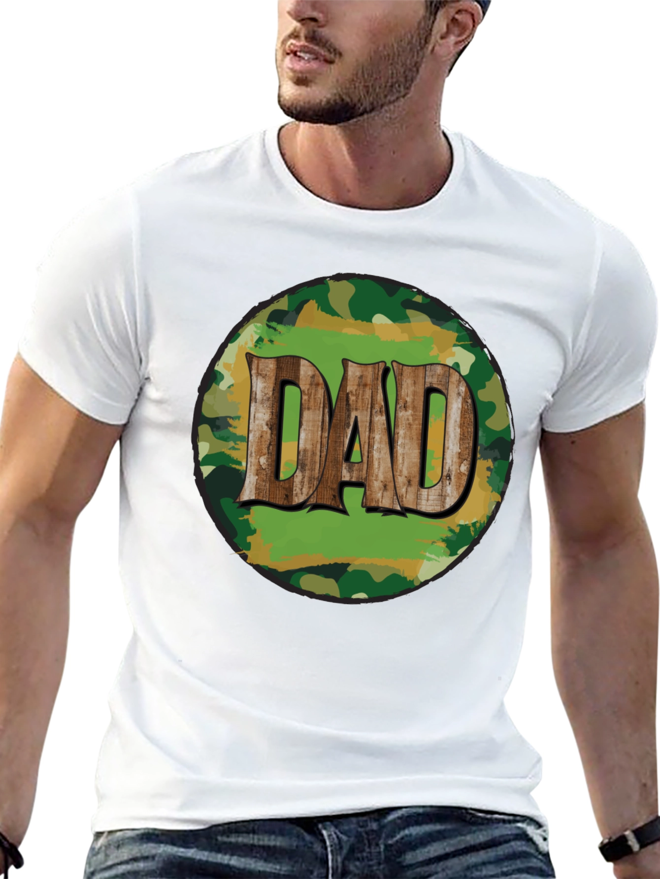 Camouflage Dad T-Shirt - Rustic Wood Lettering