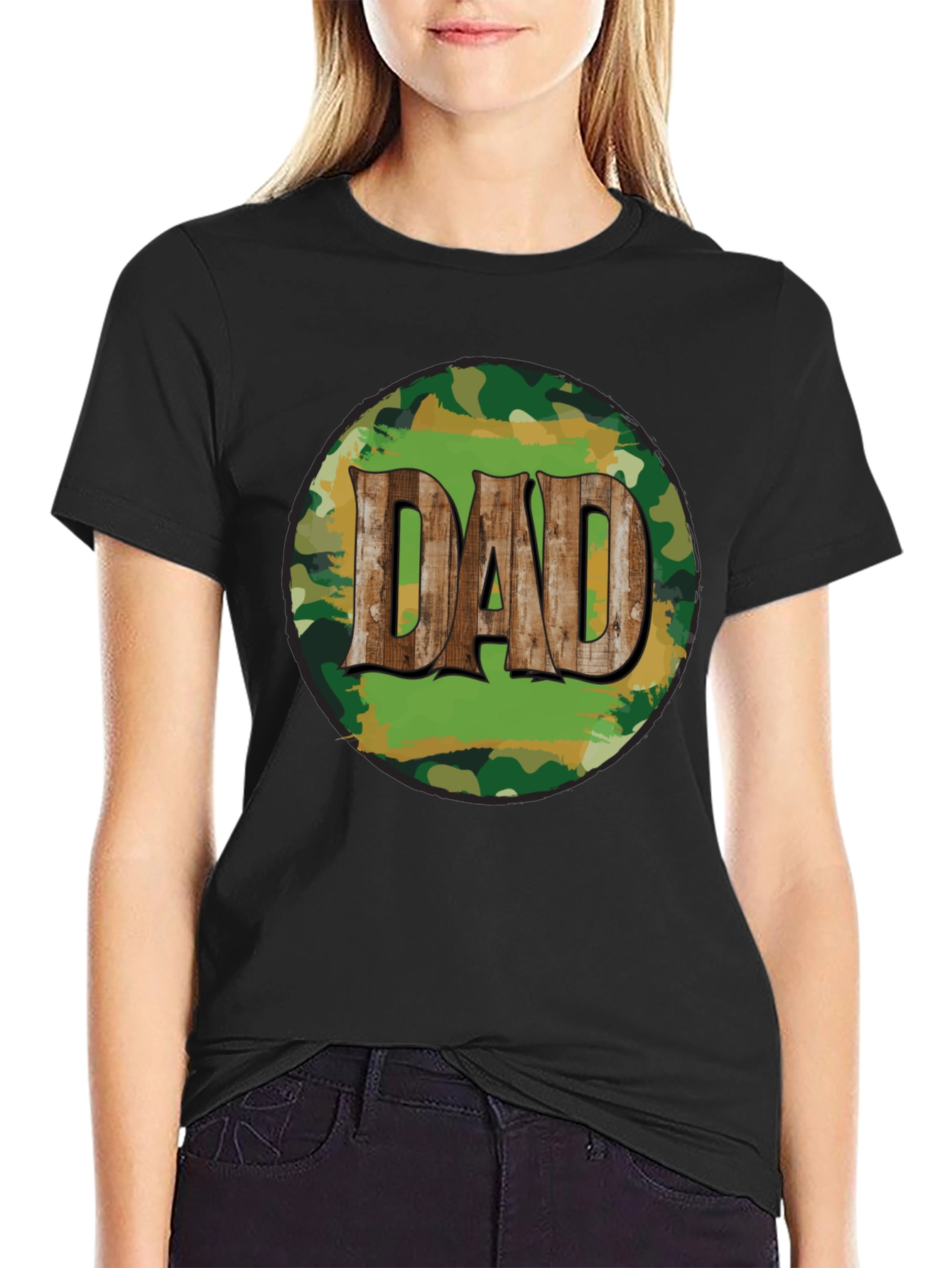 Camouflage Dad T-Shirt - Rustic Wood Lettering