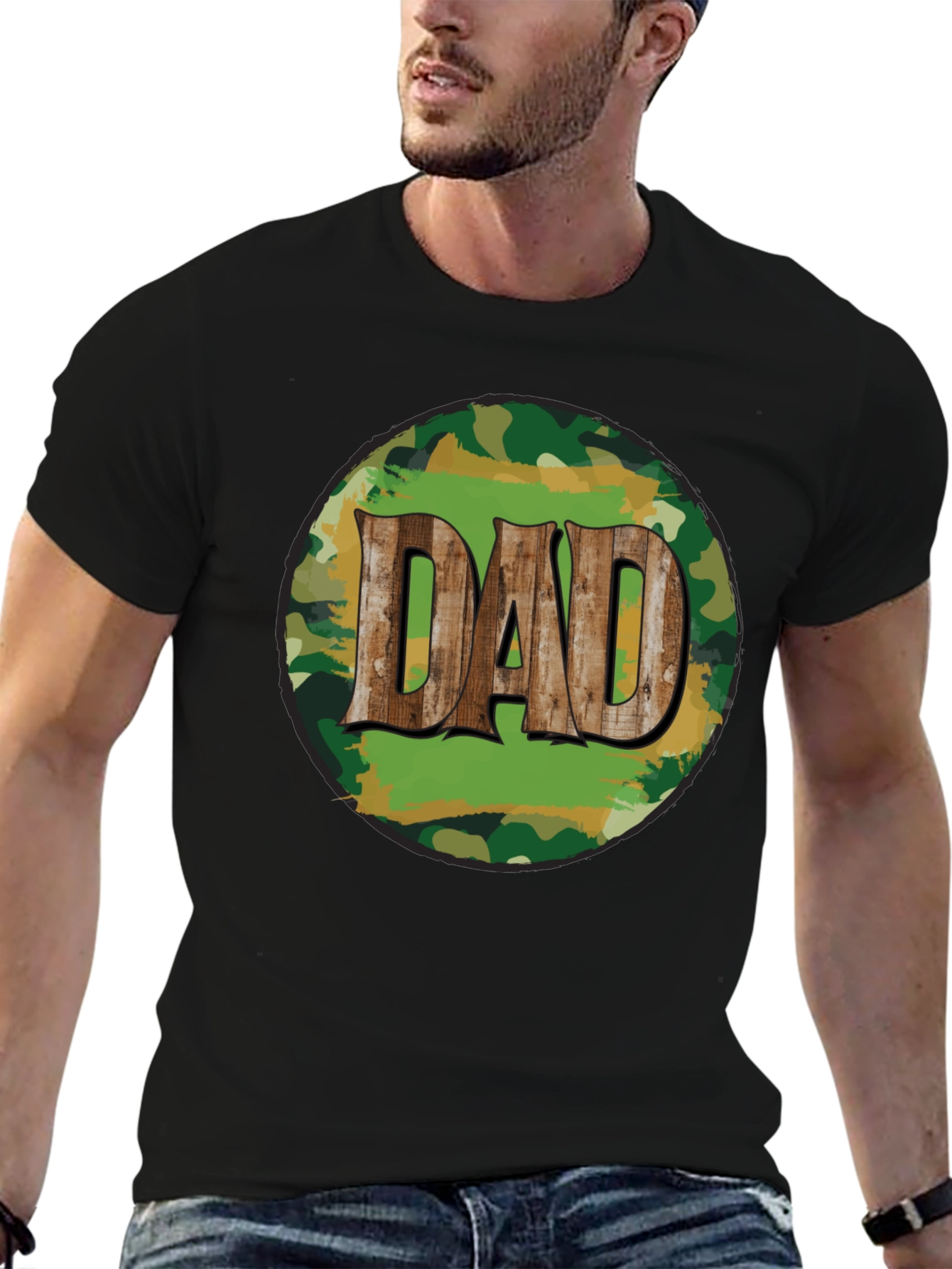 Camouflage Dad T-Shirt - Rustic Wood Lettering