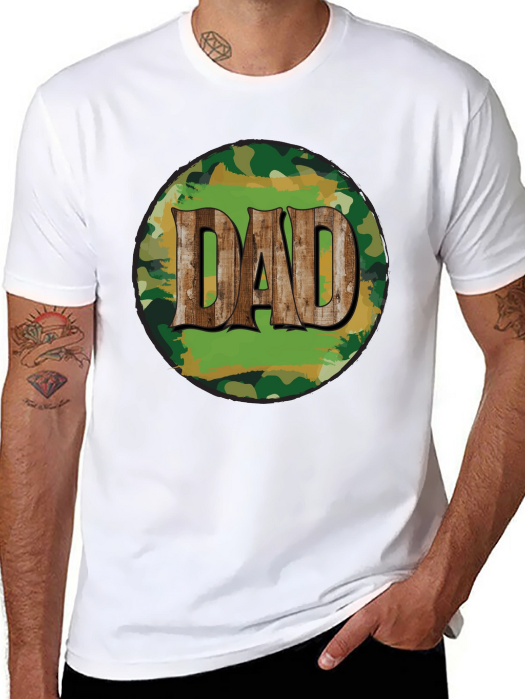 Camouflage Dad T-Shirt - Rustic Wood Lettering