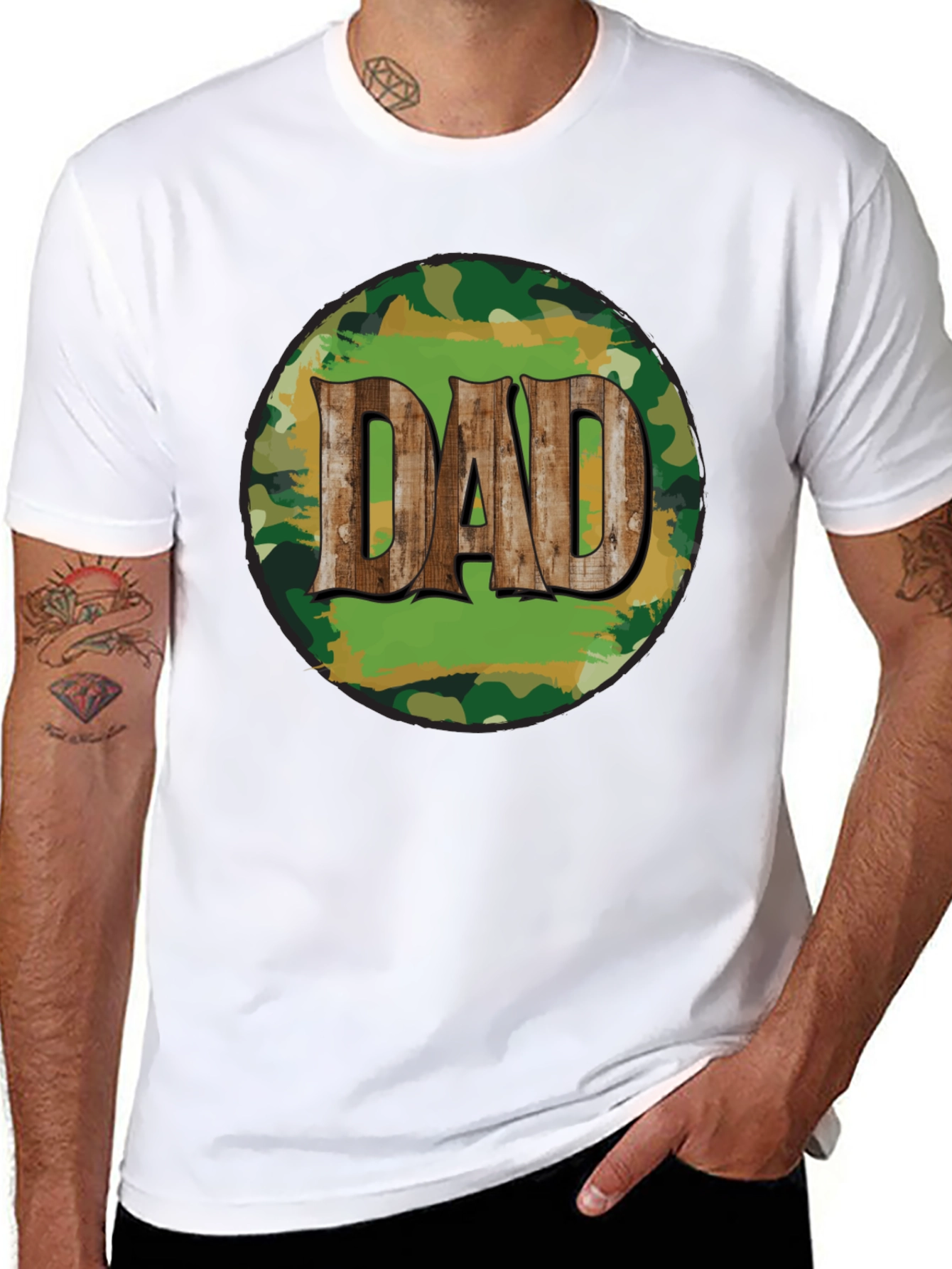 Camouflage Dad T-Shirt - Rustic Wood Lettering