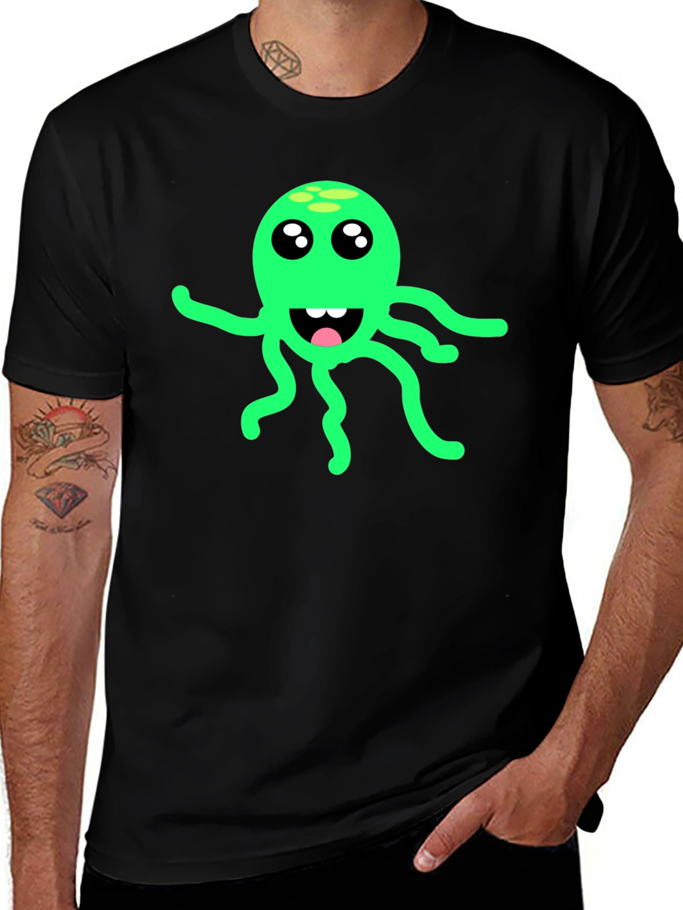 Green Octopus Graphic Black T-Shirt
