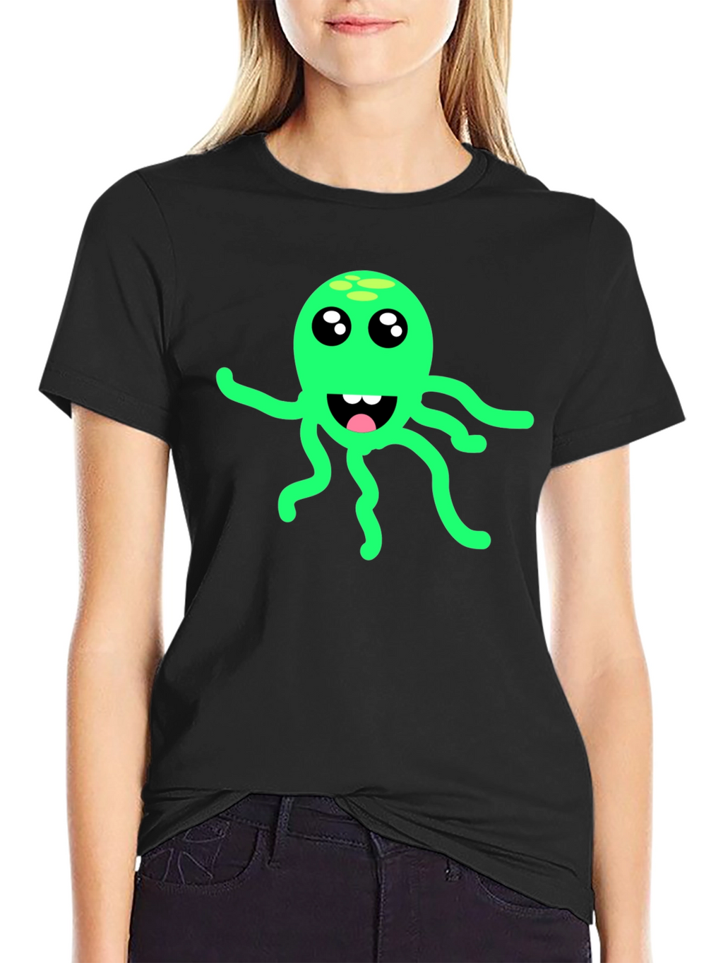 Green Octopus Graphic Black T-Shirt