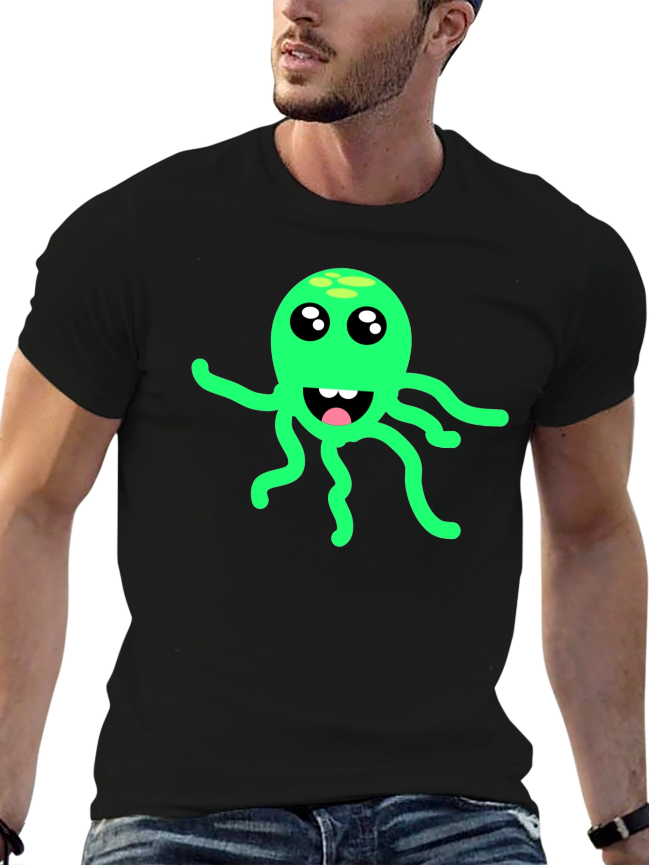 Green Octopus Graphic Black T-Shirt