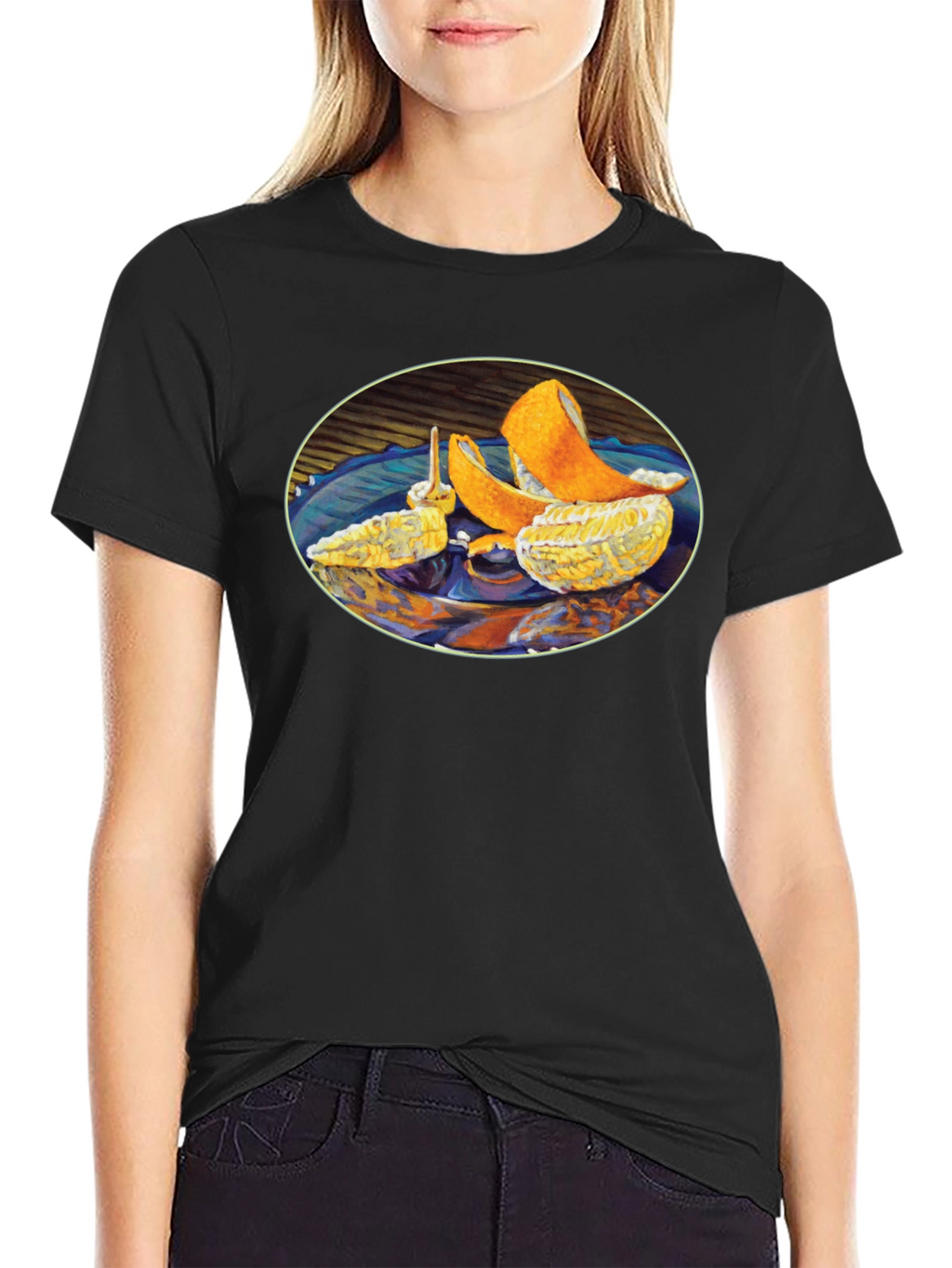 Citrus Fruit Art Graphic Print Black T-Shirt
