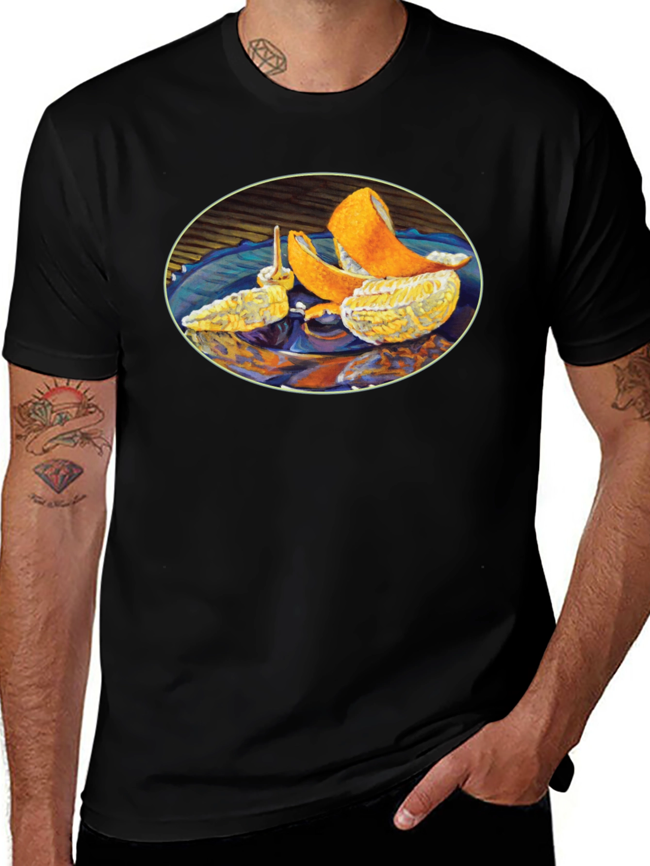 Citrus Fruit Art Graphic Print Black T-Shirt