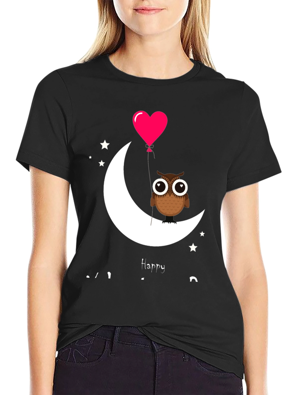 Owl on Moon with Heart Balloon Graphic Tee