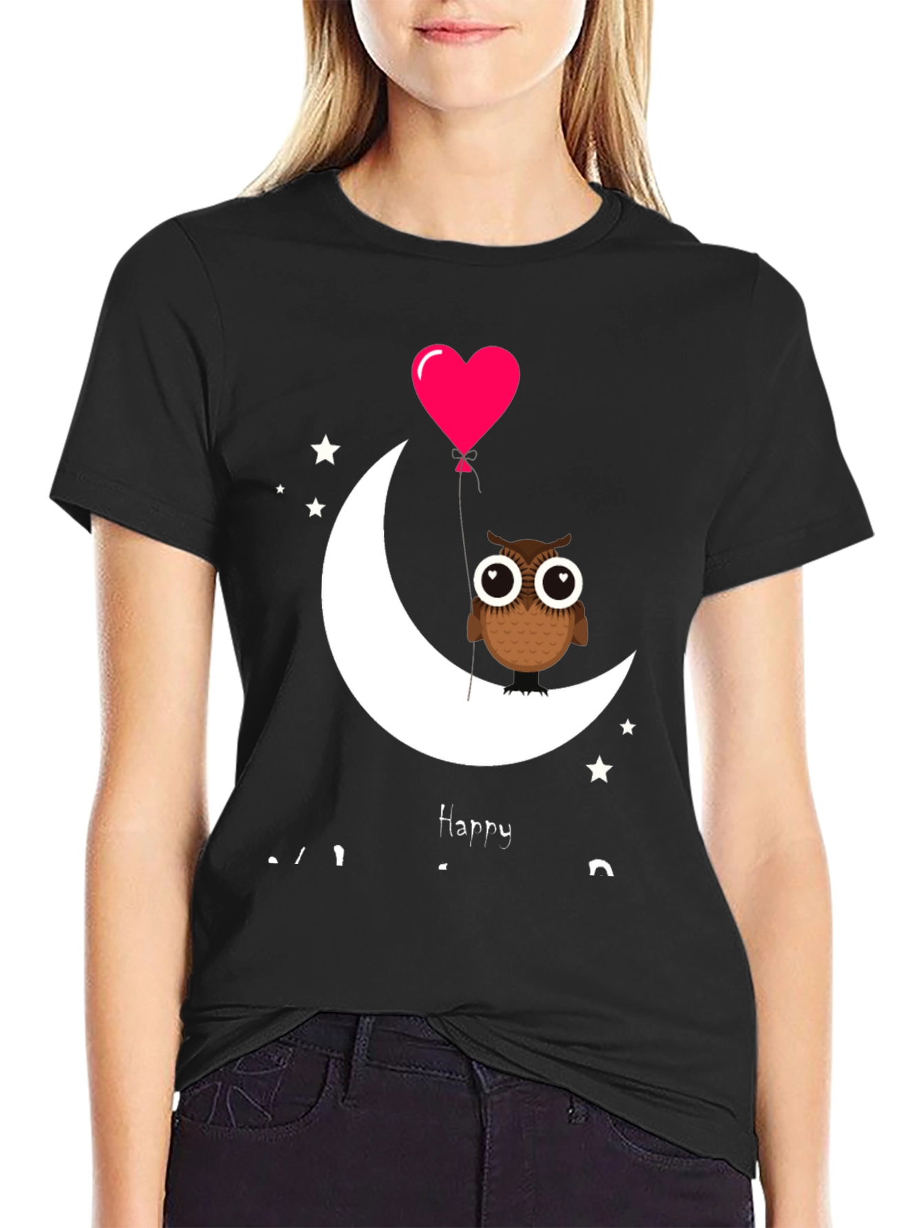 Owl on Moon with Heart Balloon Graphic Tee