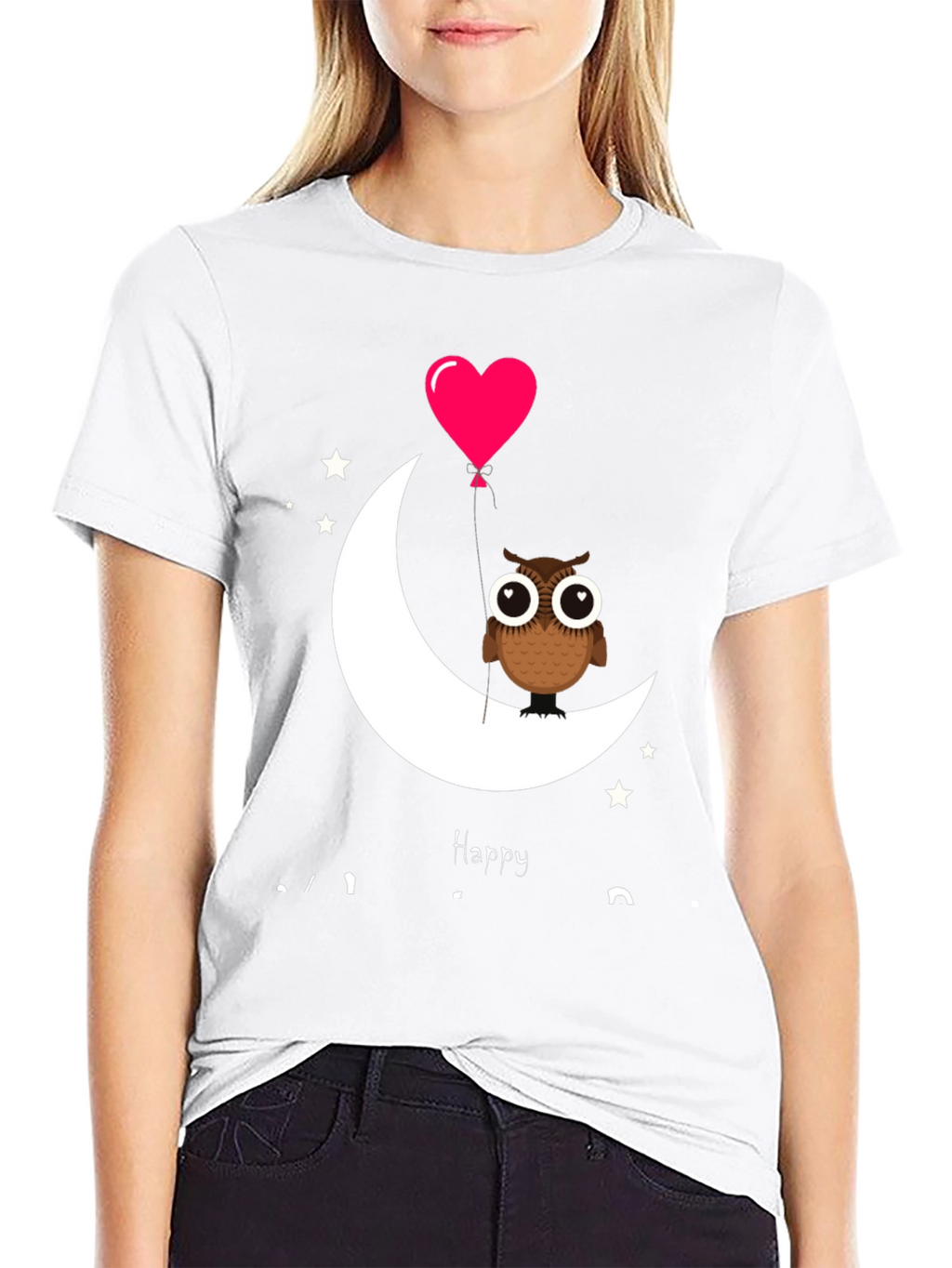 Owl on Moon with Heart Balloon Graphic Tee