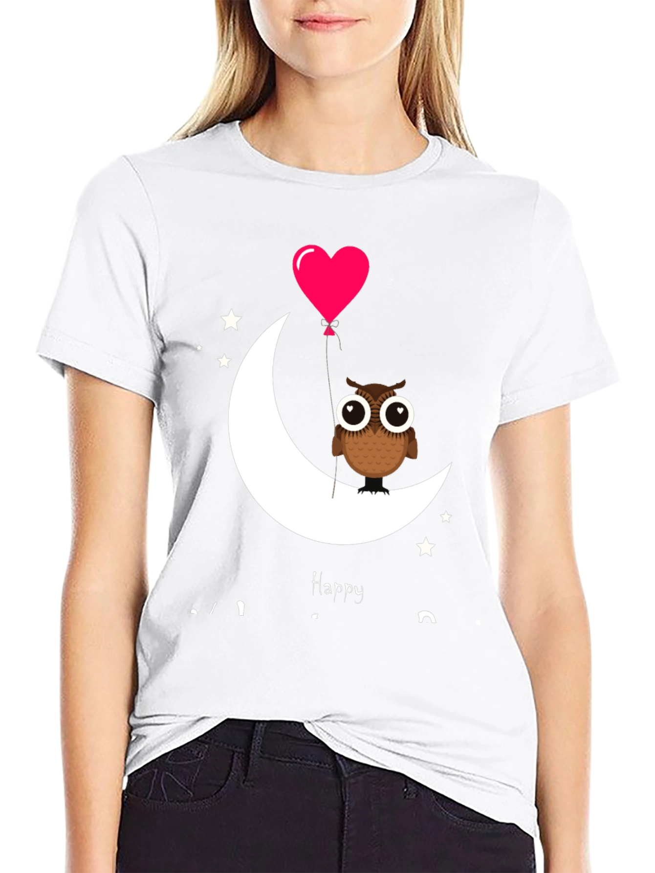 Owl on Moon with Heart Balloon Graphic Tee