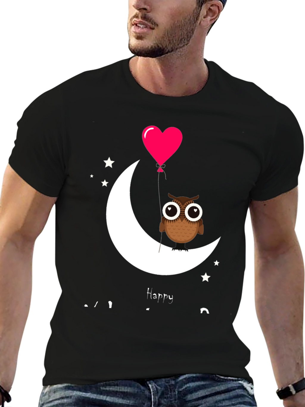 Owl on Moon with Heart Balloon Graphic Tee