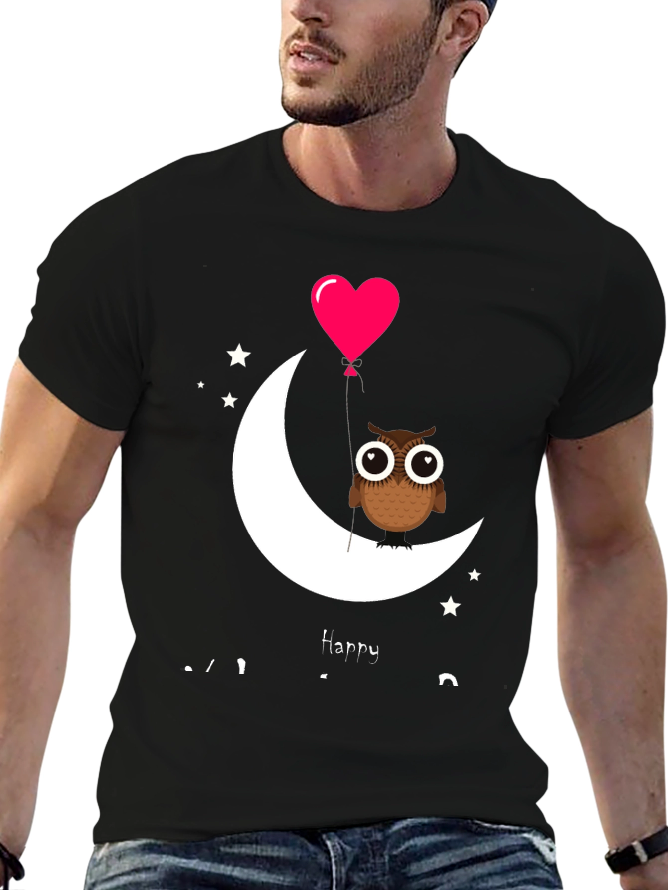Owl on Moon with Heart Balloon Graphic Tee