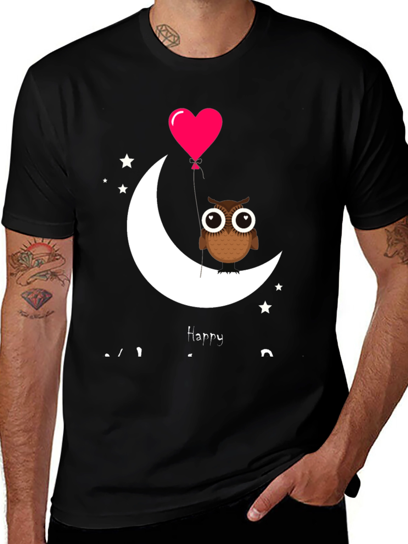 Owl on Moon with Heart Balloon Graphic Tee