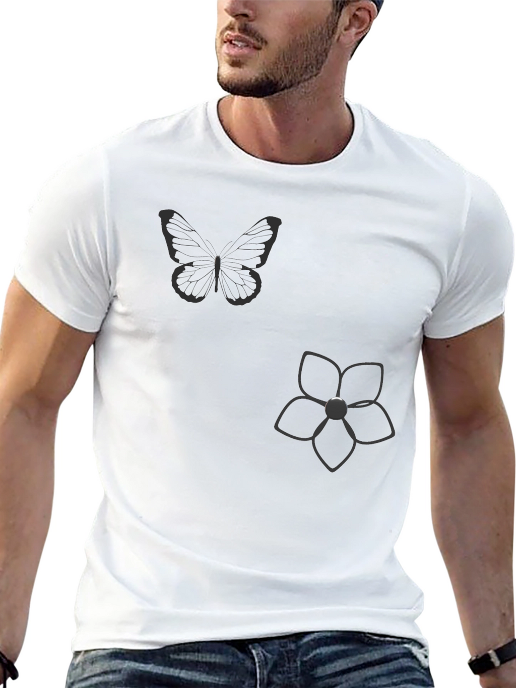 Black Graphic Tee - Butterfly & Flower Print