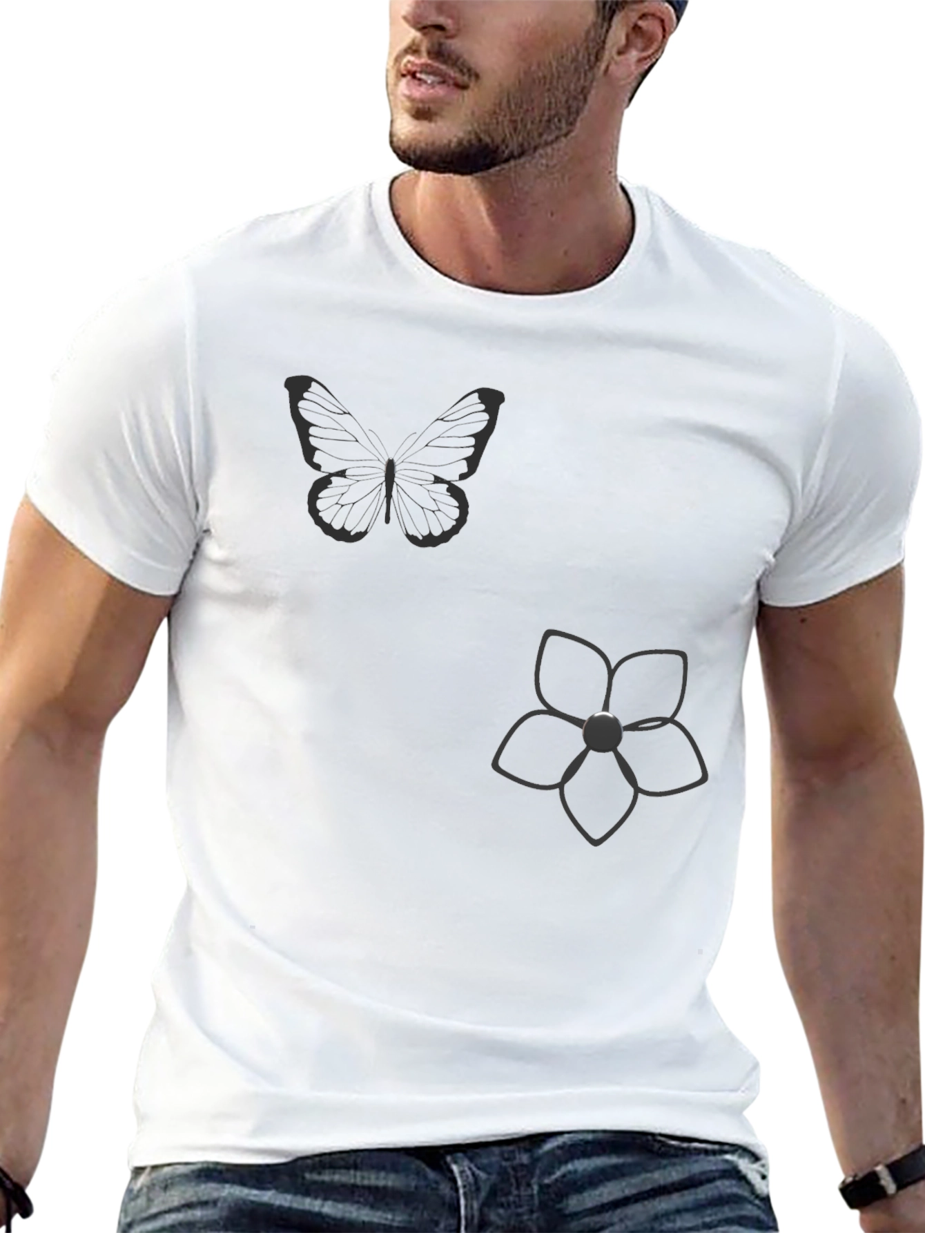 Black Graphic Tee - Butterfly & Flower Print