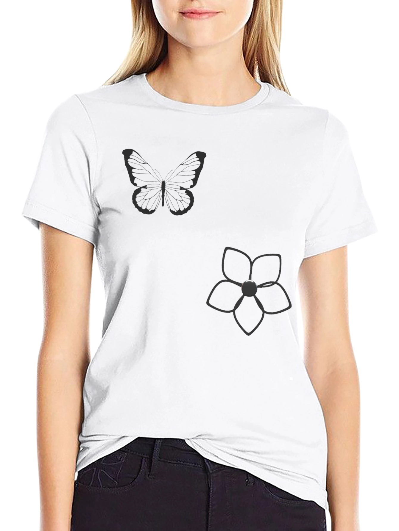 Black Graphic Tee - Butterfly & Flower Print