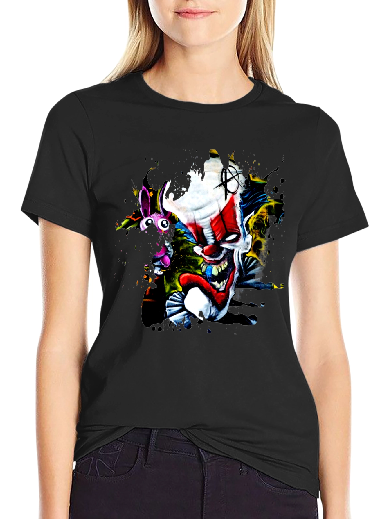 Creepy Clown Graphic Print Black T-Shirt