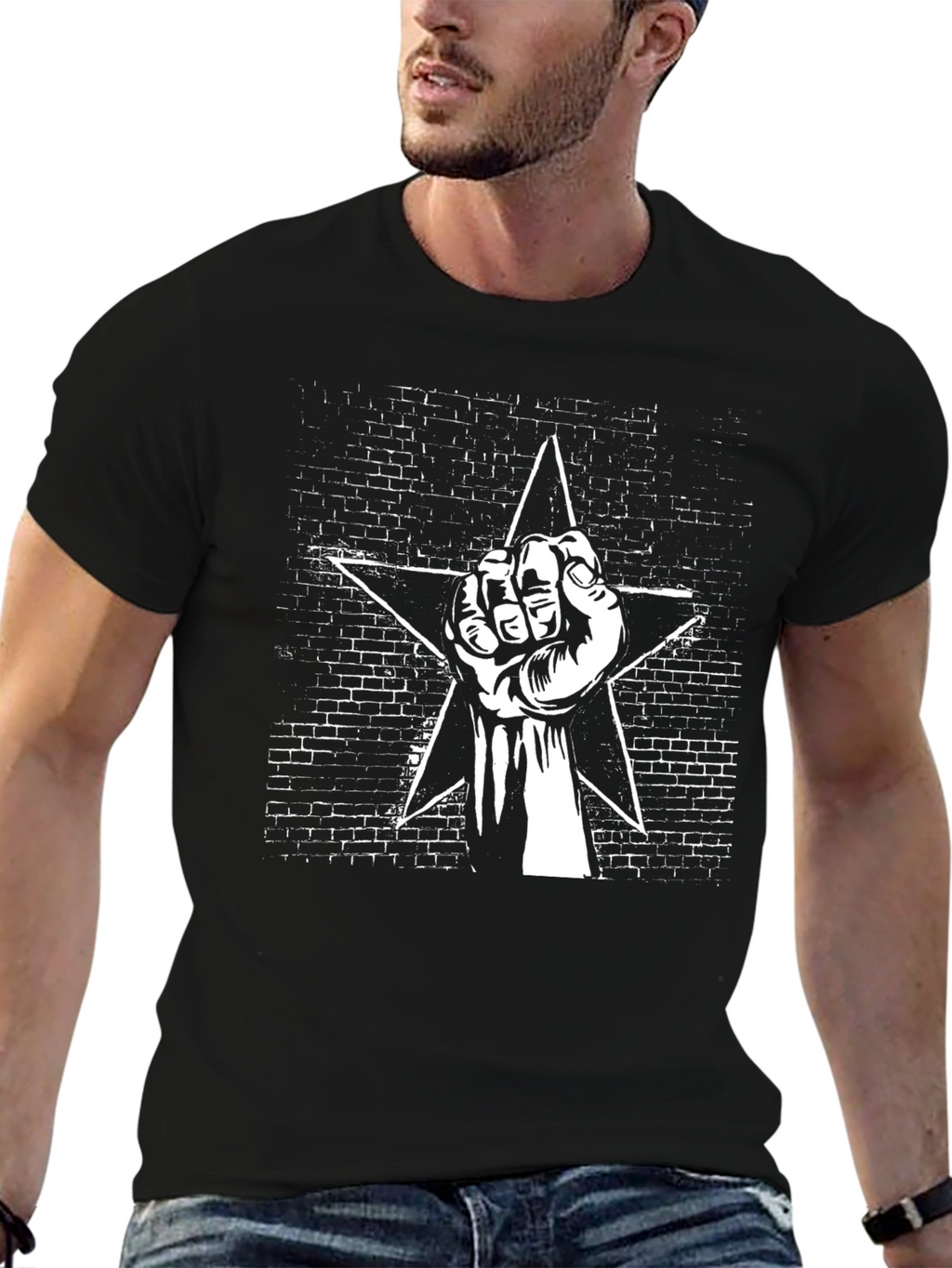 Black Graphic Tee - Fist & Star Design