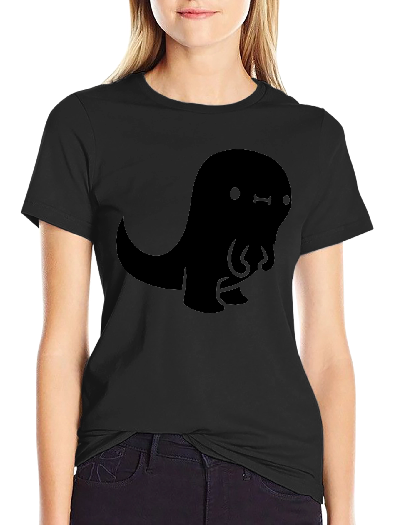 Cute Black Cartoon Dinosaur Graphic Tee Shirt