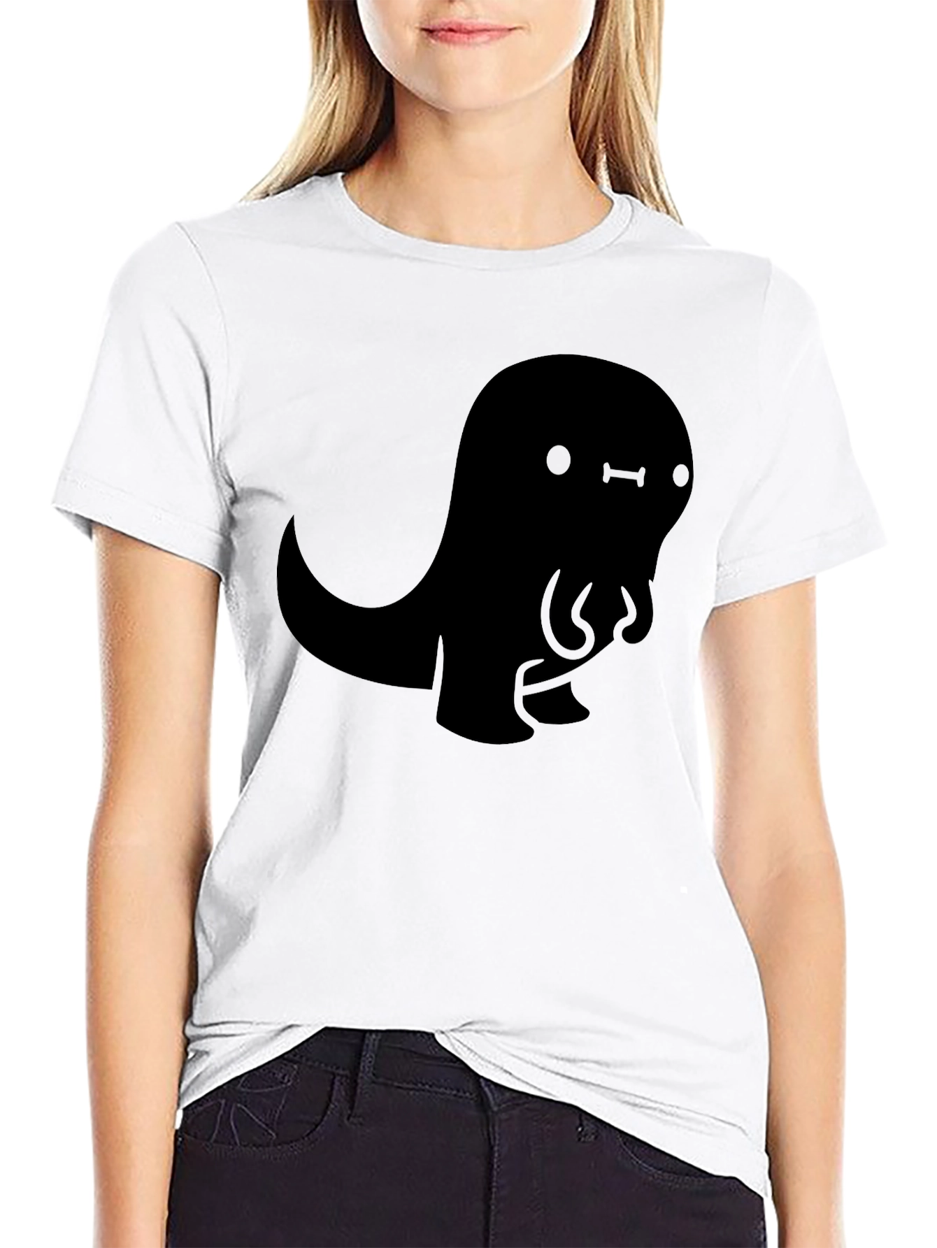Cute Black Cartoon Dinosaur Graphic Tee Shirt