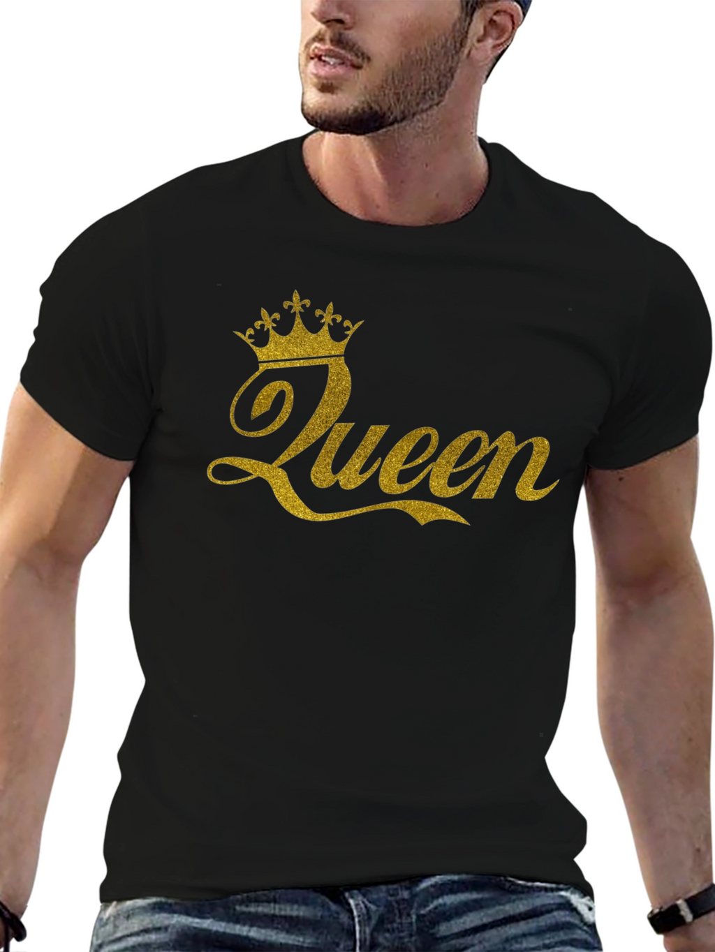 Queen Crown Gold Glitter Black T-Shirt