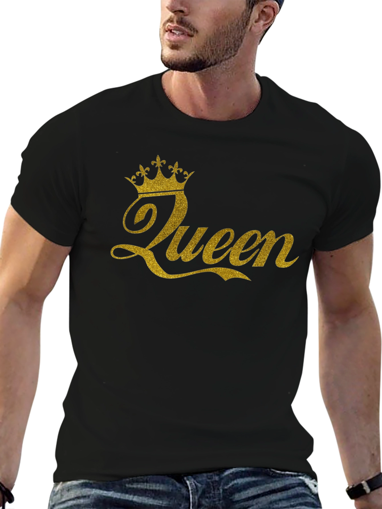 Queen Crown Gold Glitter Black T-Shirt