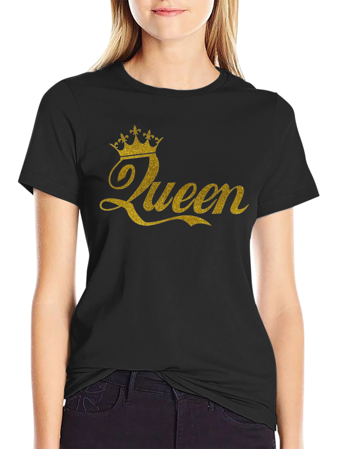 Queen Crown Gold Glitter Black T-Shirt