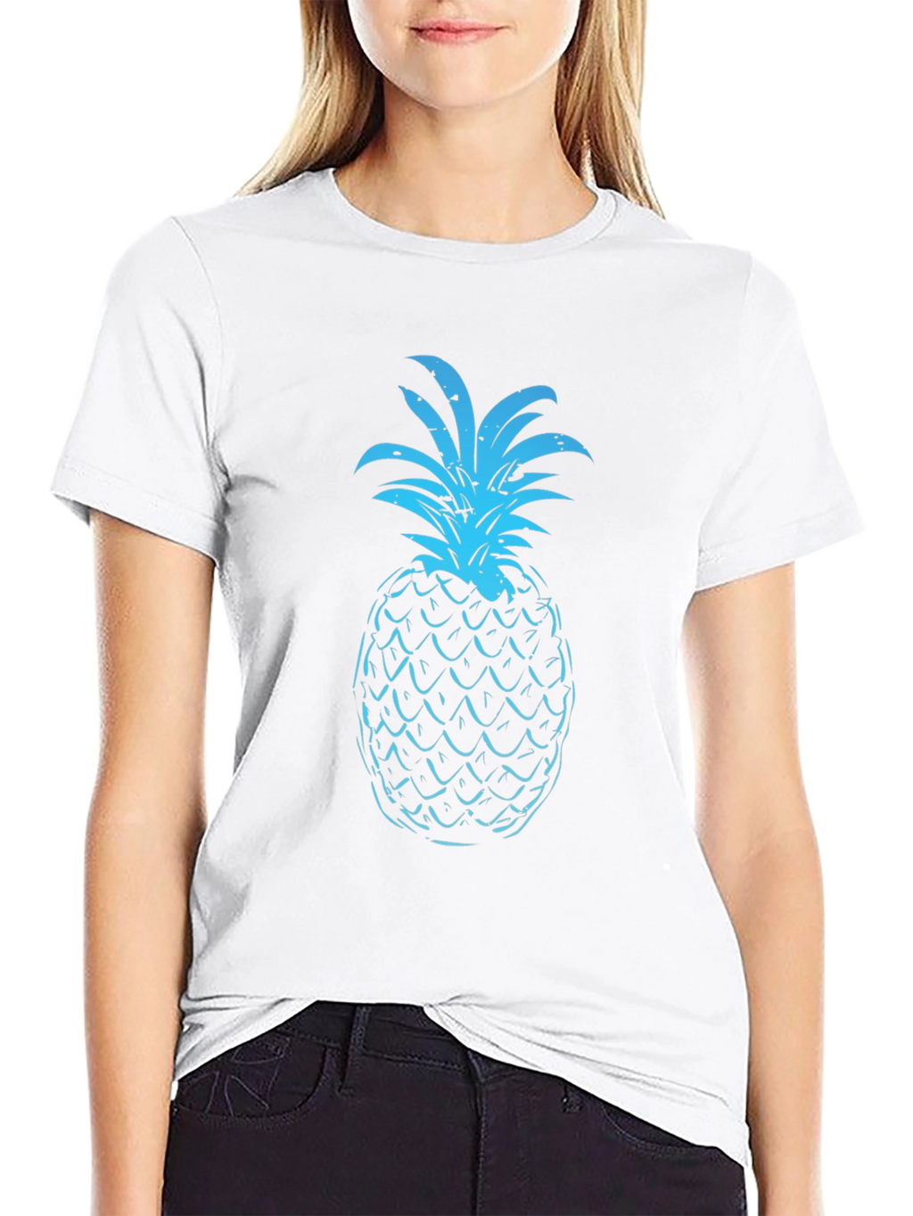 Blue Pineapple Graphic Print Black T-Shirt