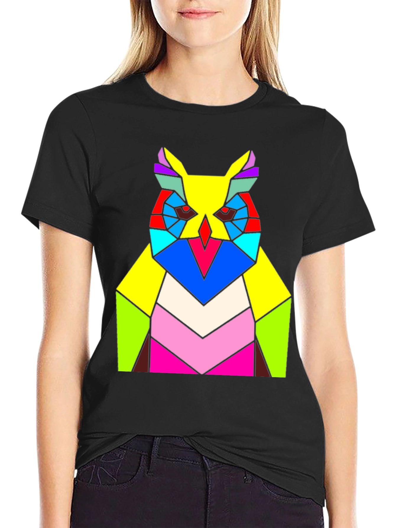 Abstract Geometric Owl T-Shirt - Vivid Colors Modern Design