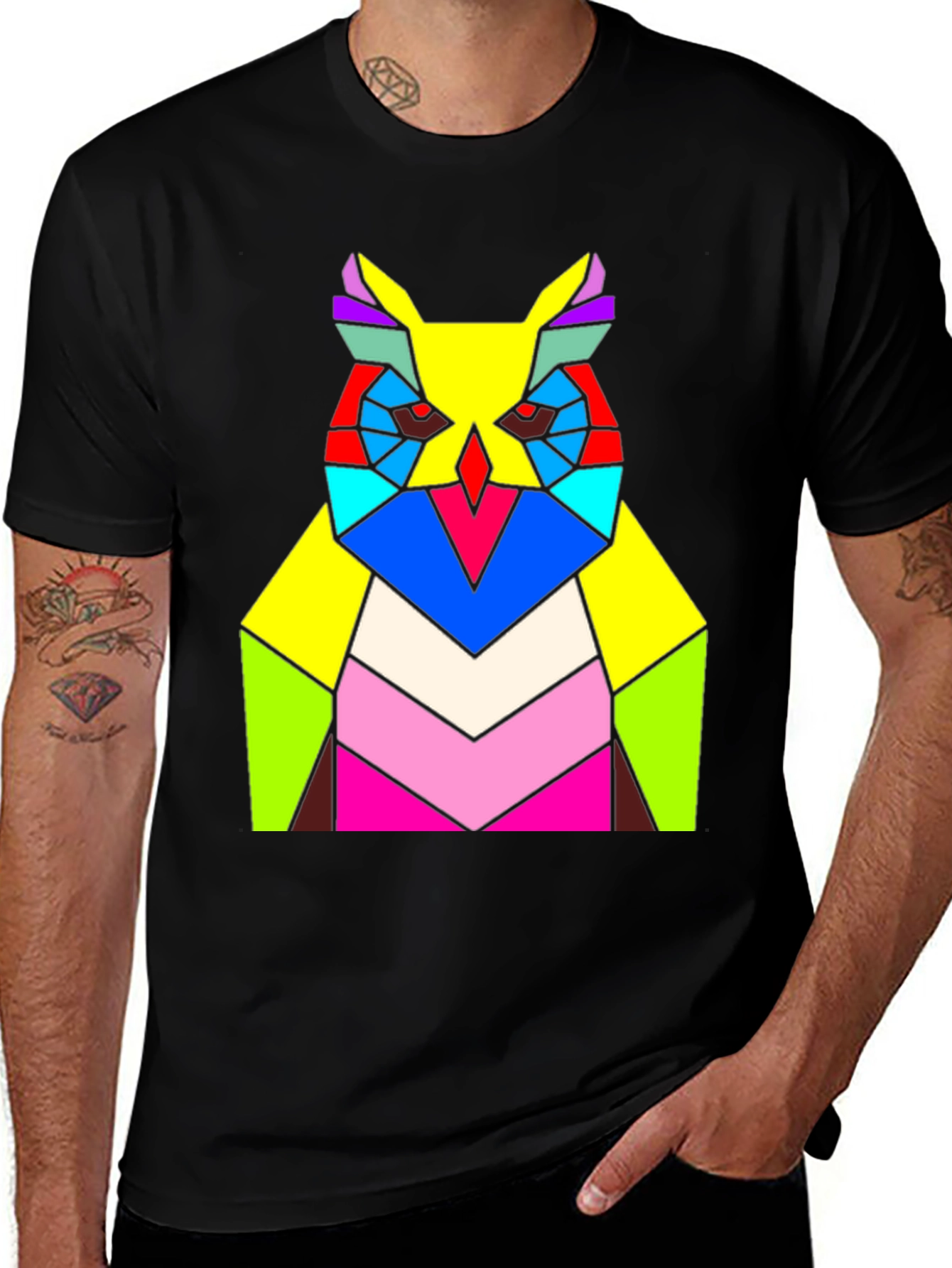 Abstract Geometric Owl T-Shirt - Vivid Colors Modern Design