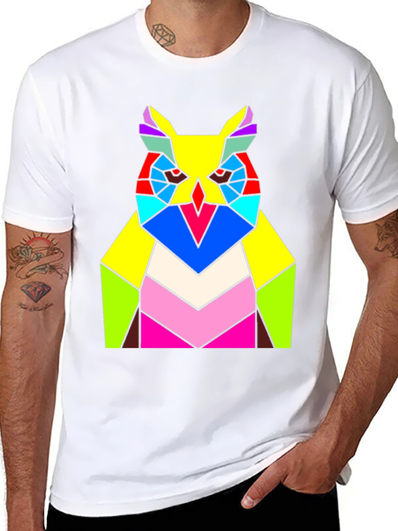 Abstract Geometric Owl T-Shirt - Vivid Colors Modern Design