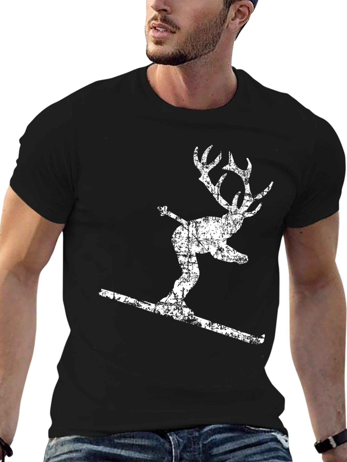 Skiing Reindeer Graphic Tee - Black