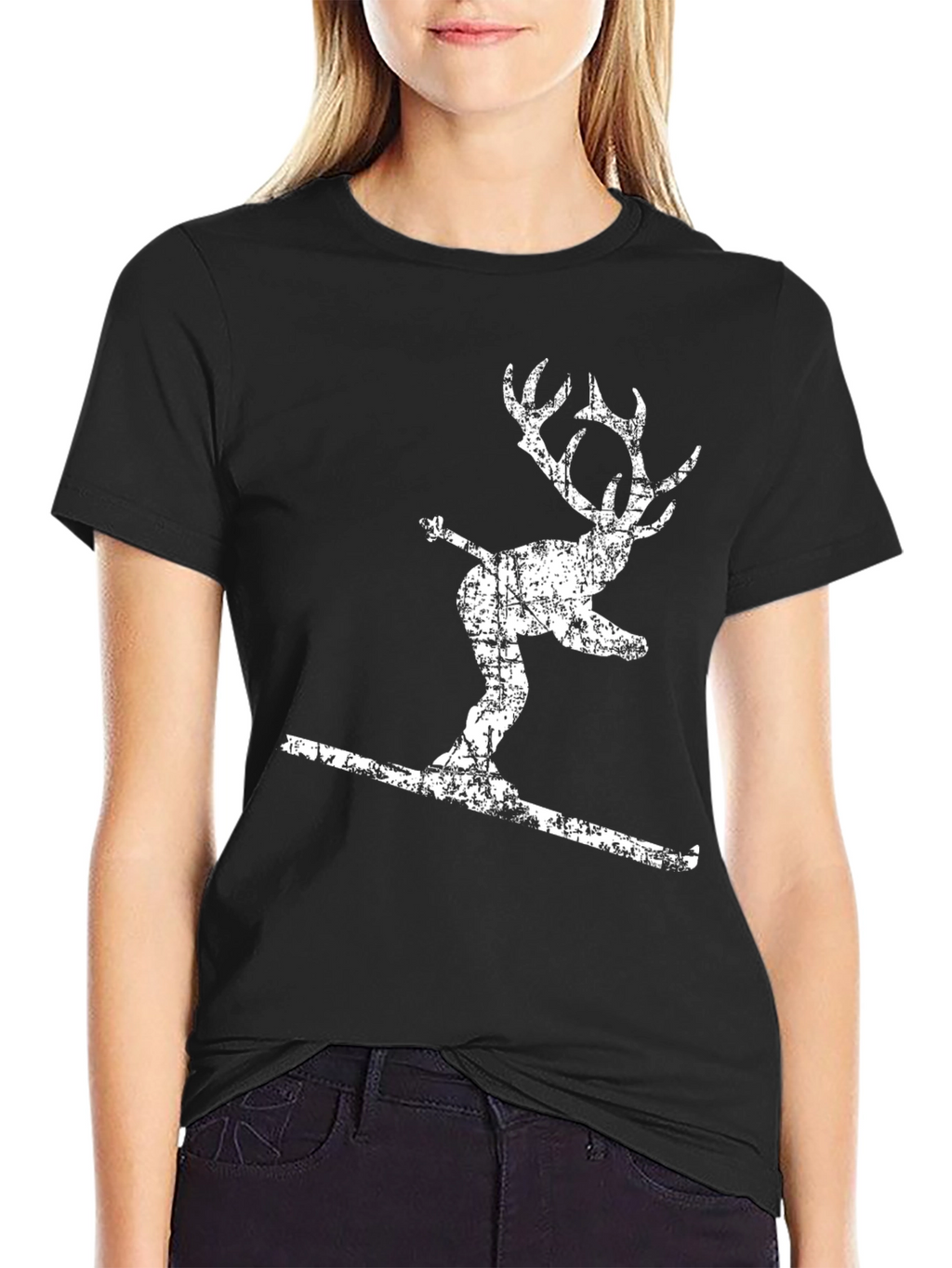 Skiing Reindeer Graphic Tee - Black