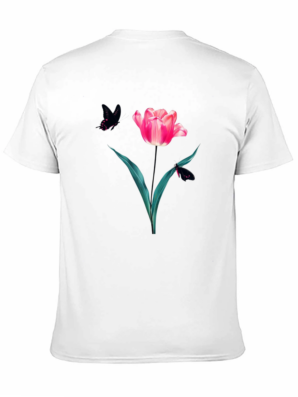 Floral Tulip & Butterfly Graphic Black T-Shirt
