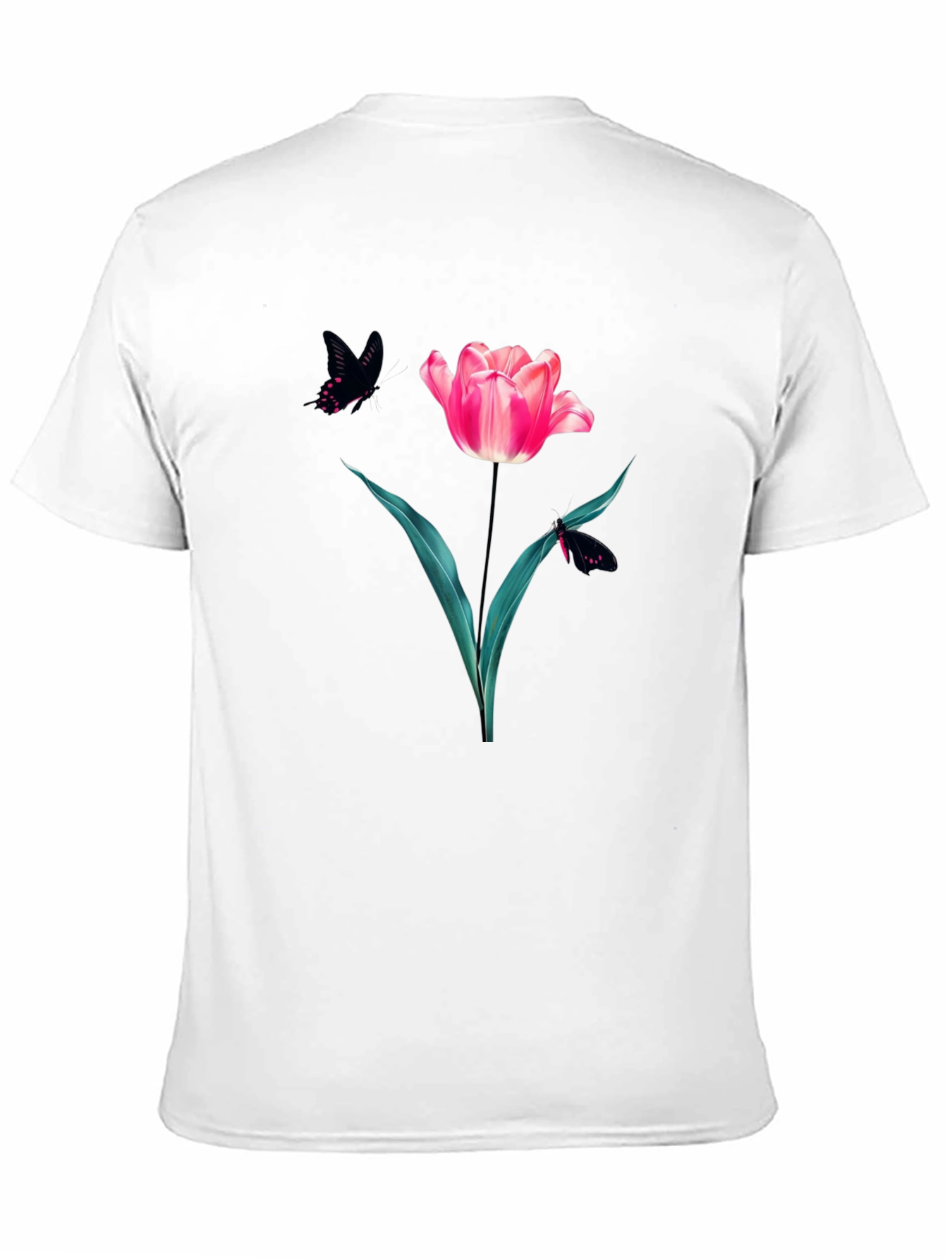Floral Tulip & Butterfly Graphic Black T-Shirt