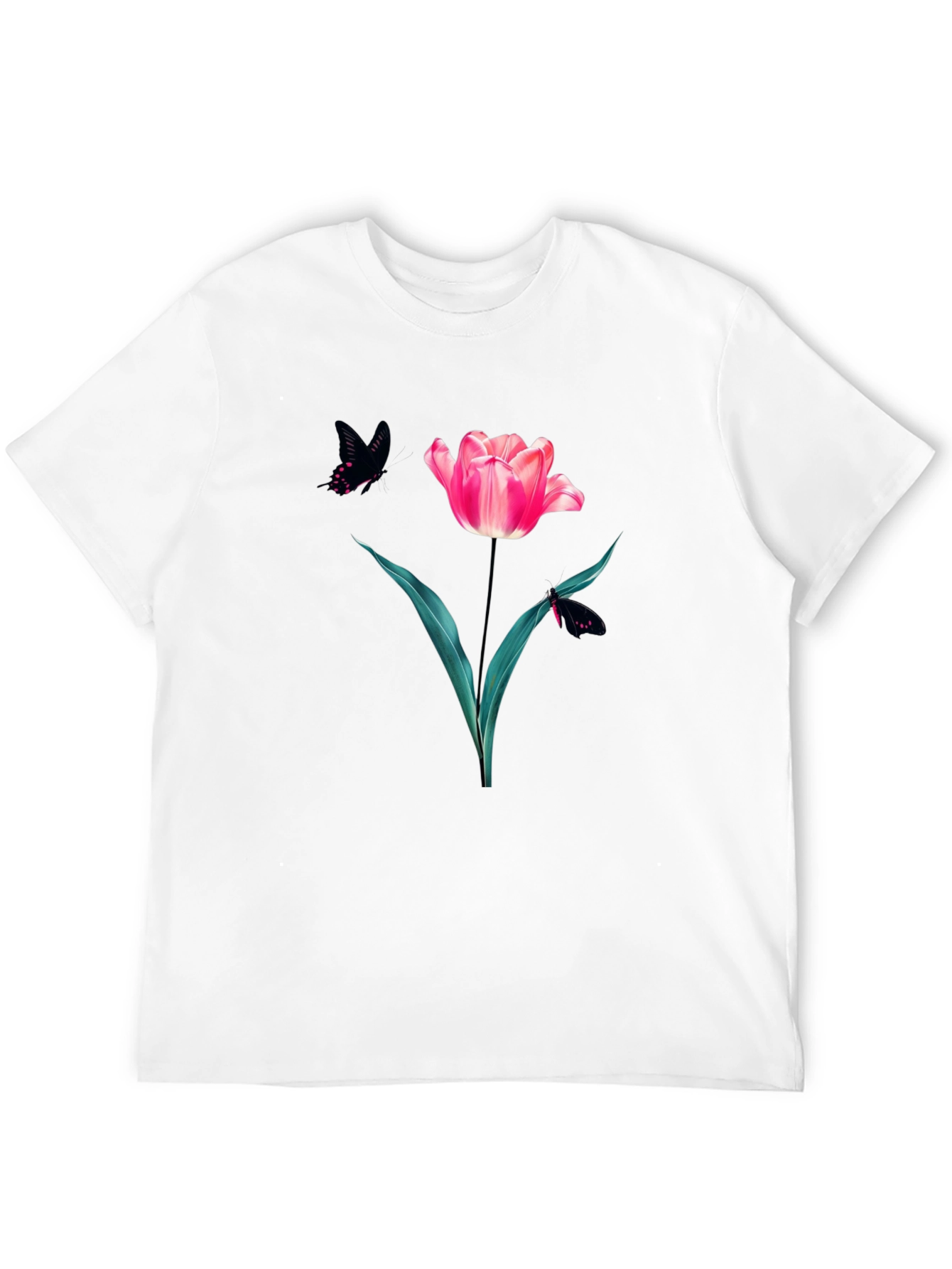 Floral Tulip & Butterfly Graphic Black T-Shirt