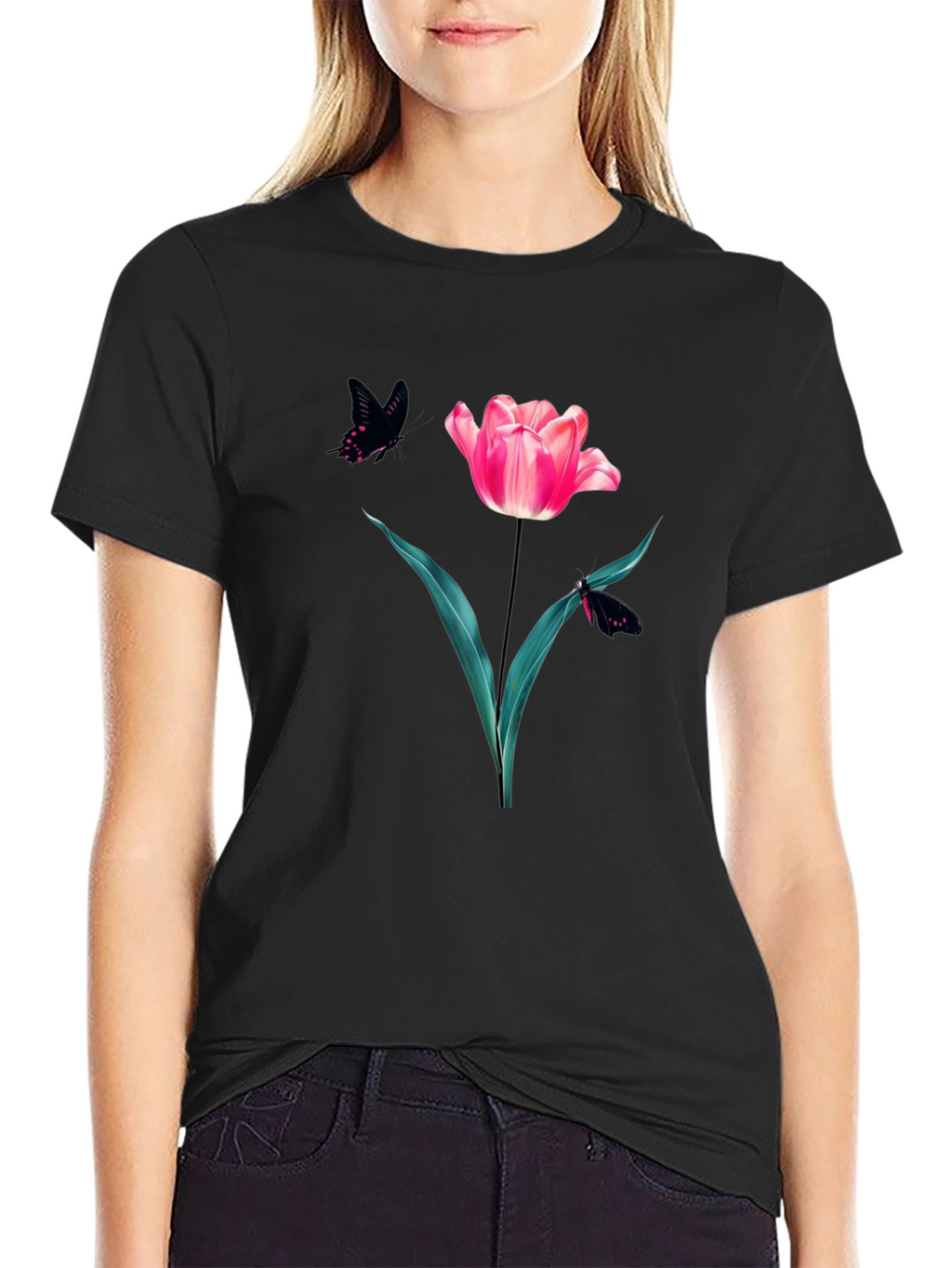 Floral Tulip & Butterfly Graphic Black T-Shirt