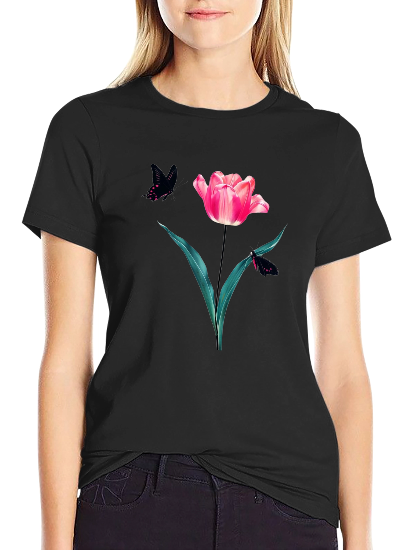 Floral Tulip & Butterfly Graphic Black T-Shirt