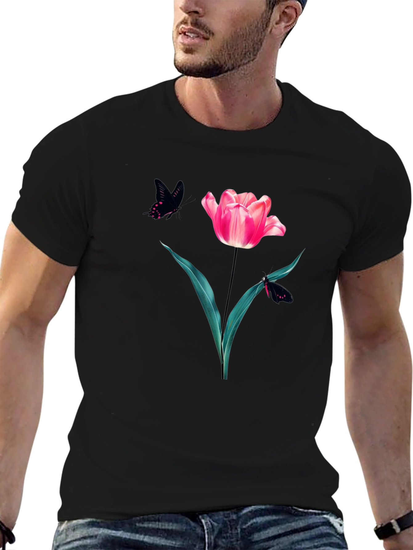 Floral Tulip & Butterfly Graphic Black T-Shirt