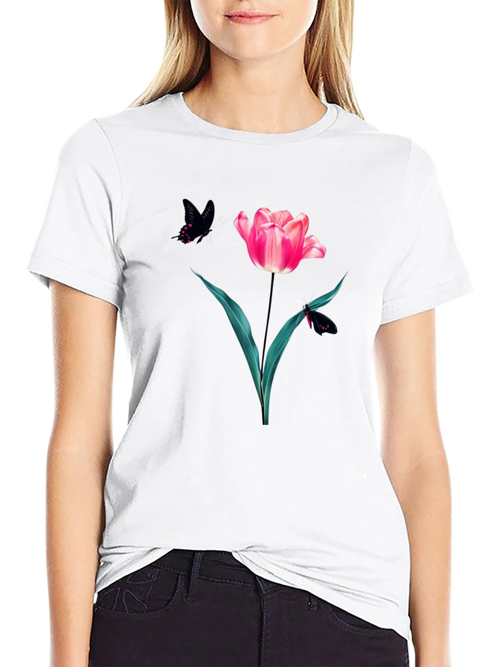 Floral Tulip & Butterfly Graphic Black T-Shirt