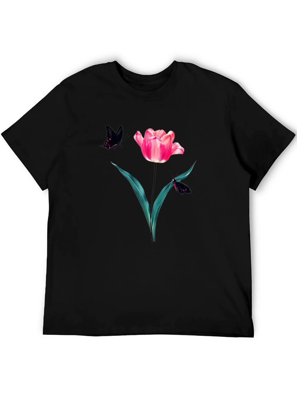 Floral Tulip & Butterfly Graphic Black T-Shirt
