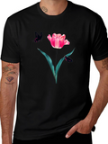 Floral Tulip & Butterfly Graphic Black T-Shirt