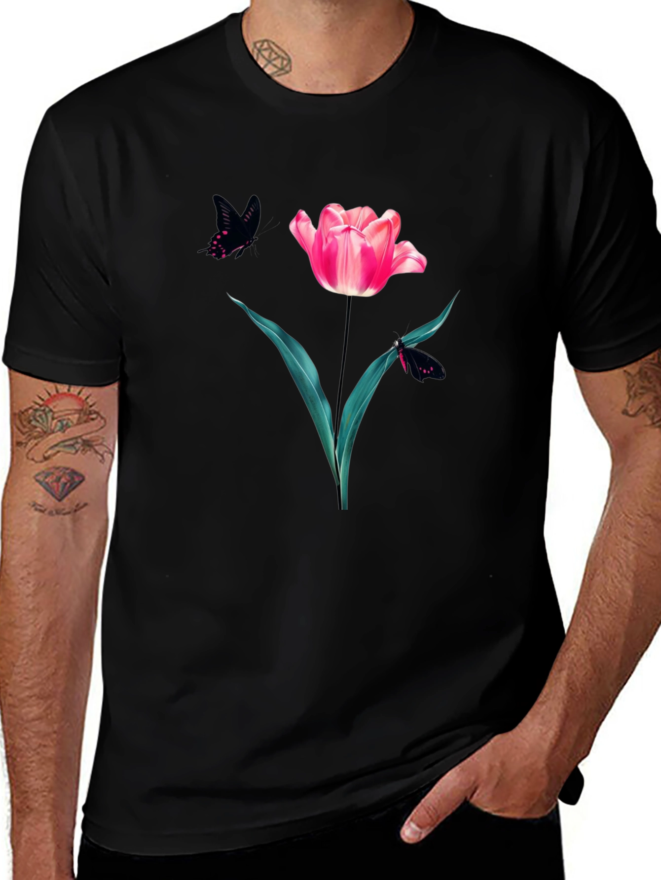 Floral Tulip & Butterfly Graphic Black T-Shirt