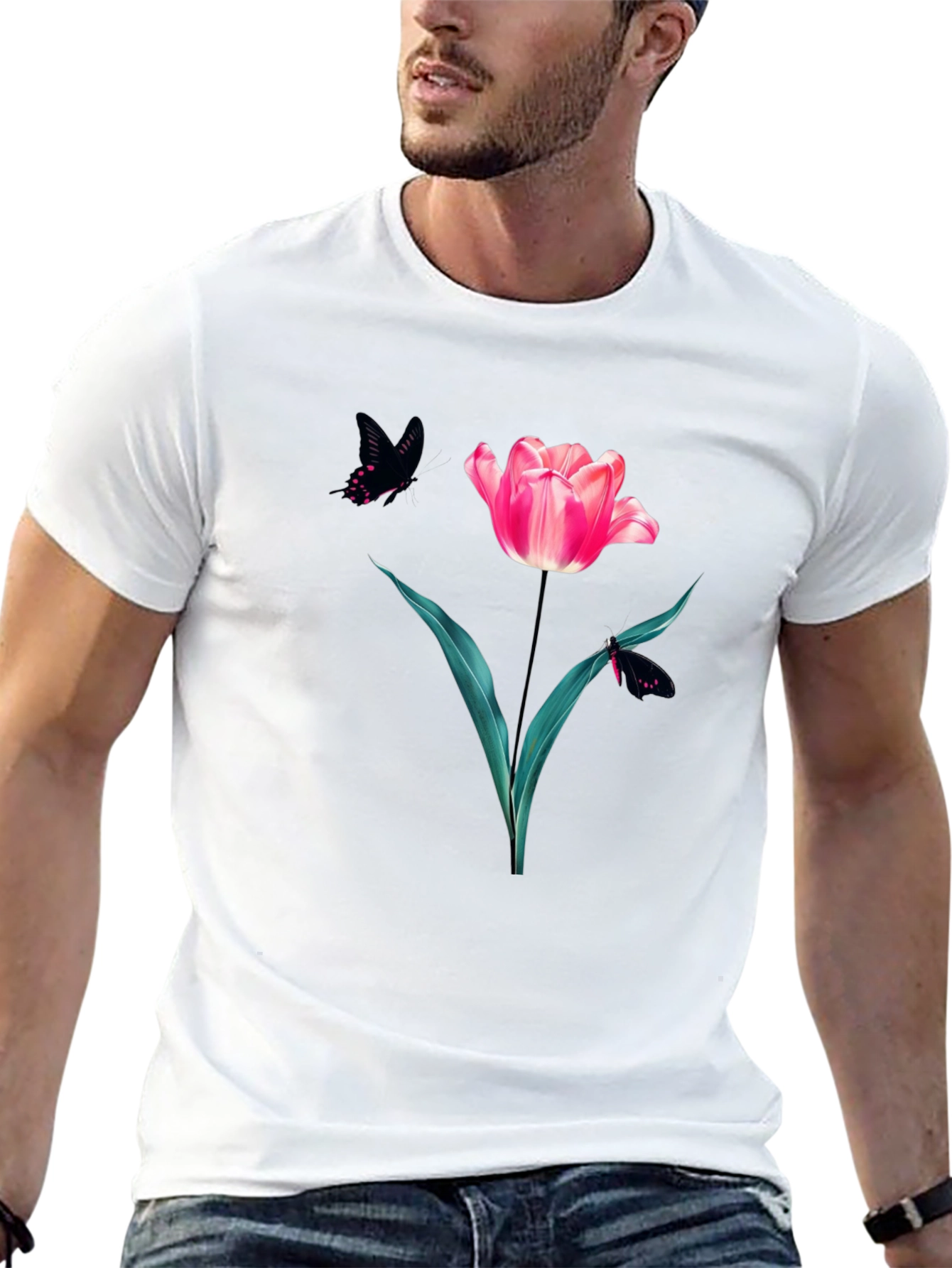 Floral Tulip & Butterfly Graphic Black T-Shirt