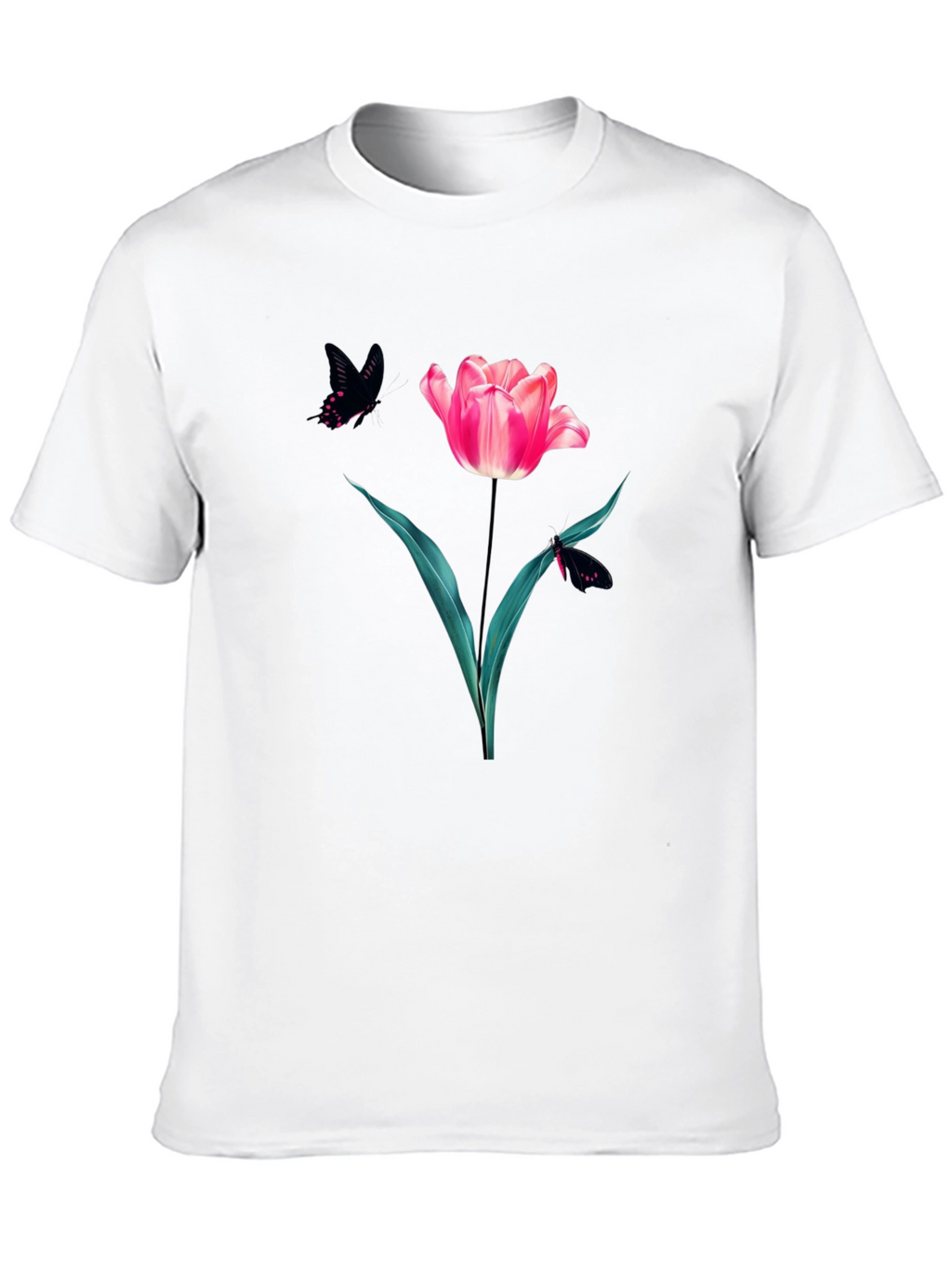 Floral Tulip & Butterfly Graphic Black T-Shirt