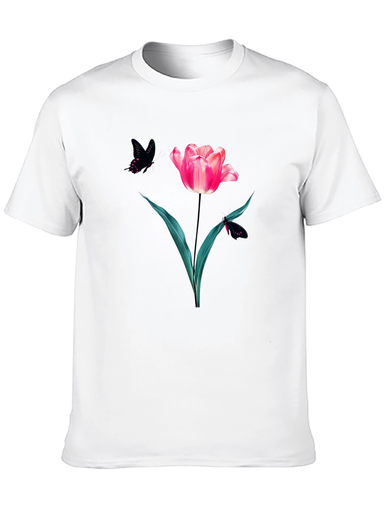 Floral Tulip & Butterfly Graphic Black T-Shirt