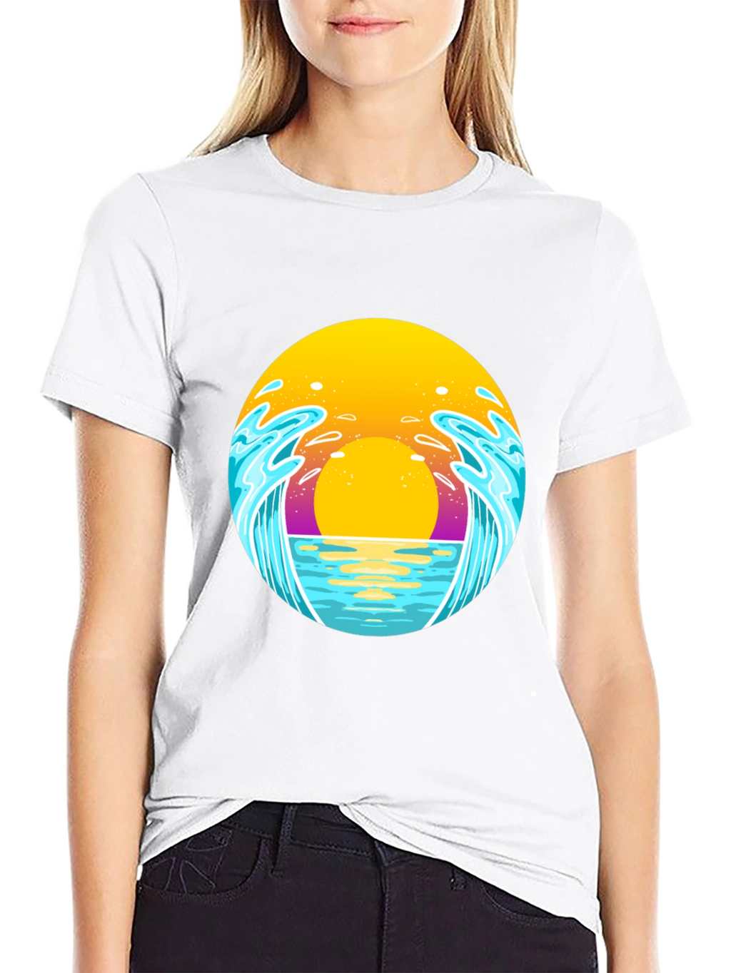 Sunset Waves Graphic Tee - Black Cotton T-Shirt